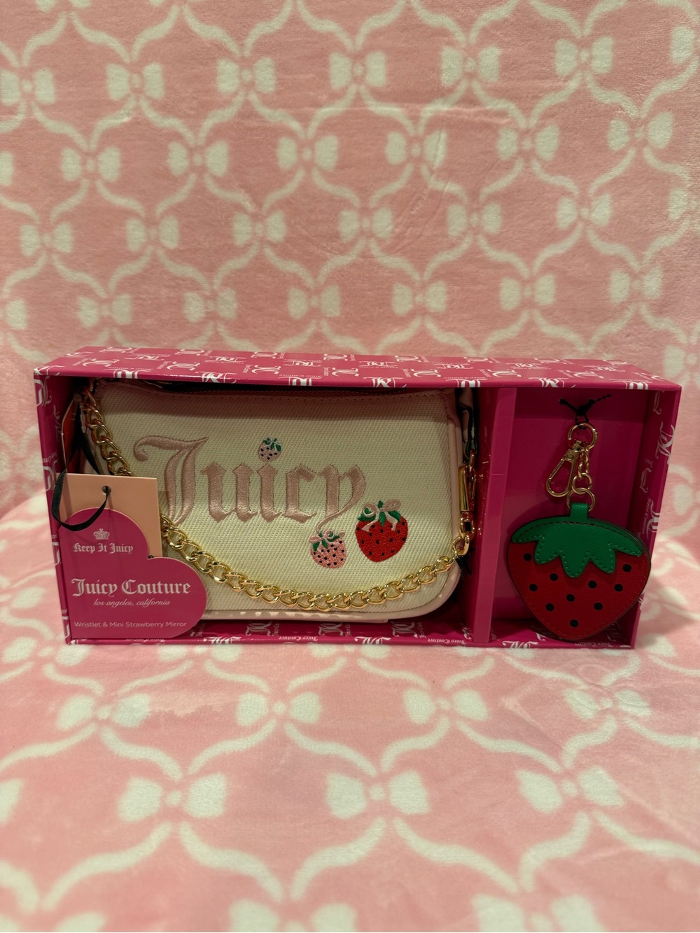 Juicy Couture Cream, Pink & Red Strawberry Wristlet with Mirror Charm